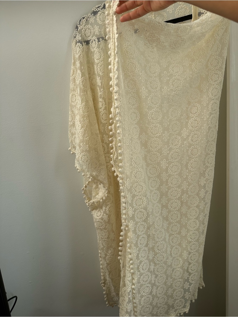 Boho Romantic Sheer Lace Kimono Duster Pom Pom Trim Festival Cover Up - Picture 5 of 11